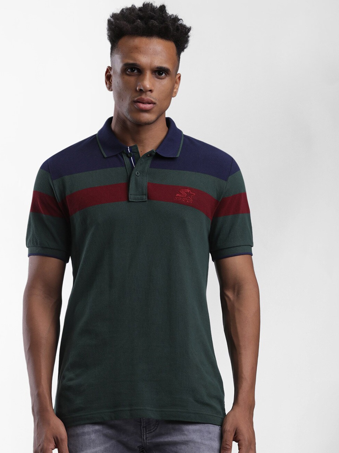 

STARTER Men Green & Blue Colourblocked Polo Collar T-shirt