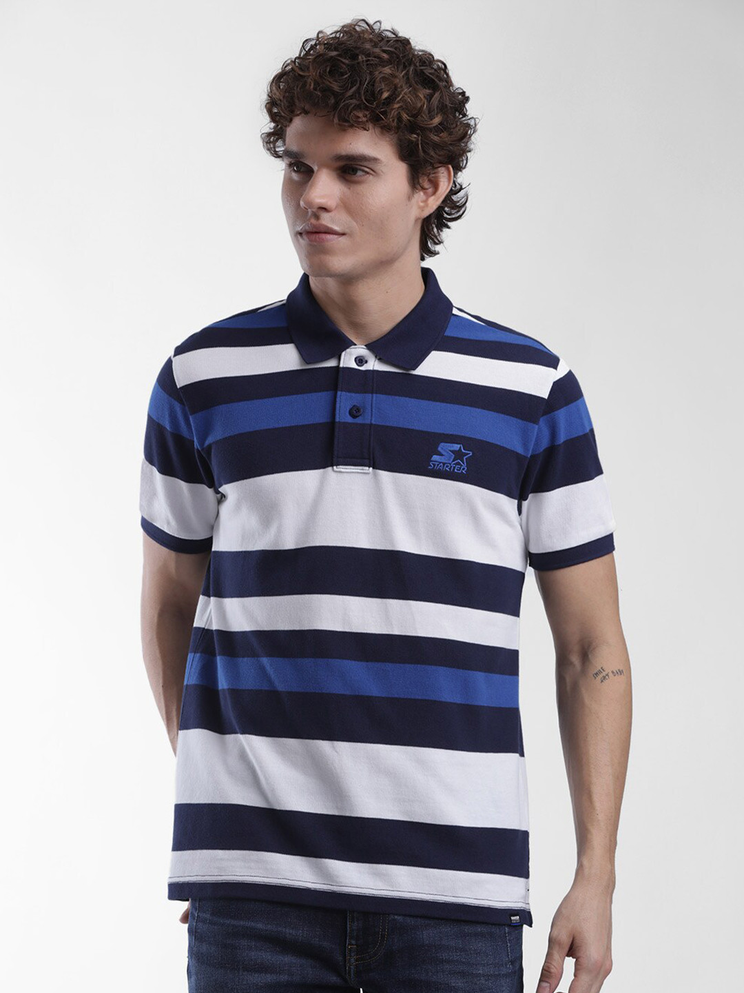 

STARTER Men Blue Striped Polo Collar T-shirt