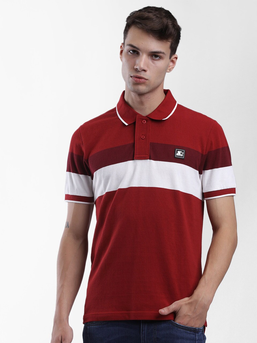 

STARTER Men Red And White Color Blocked Polo Collar T-shirt
