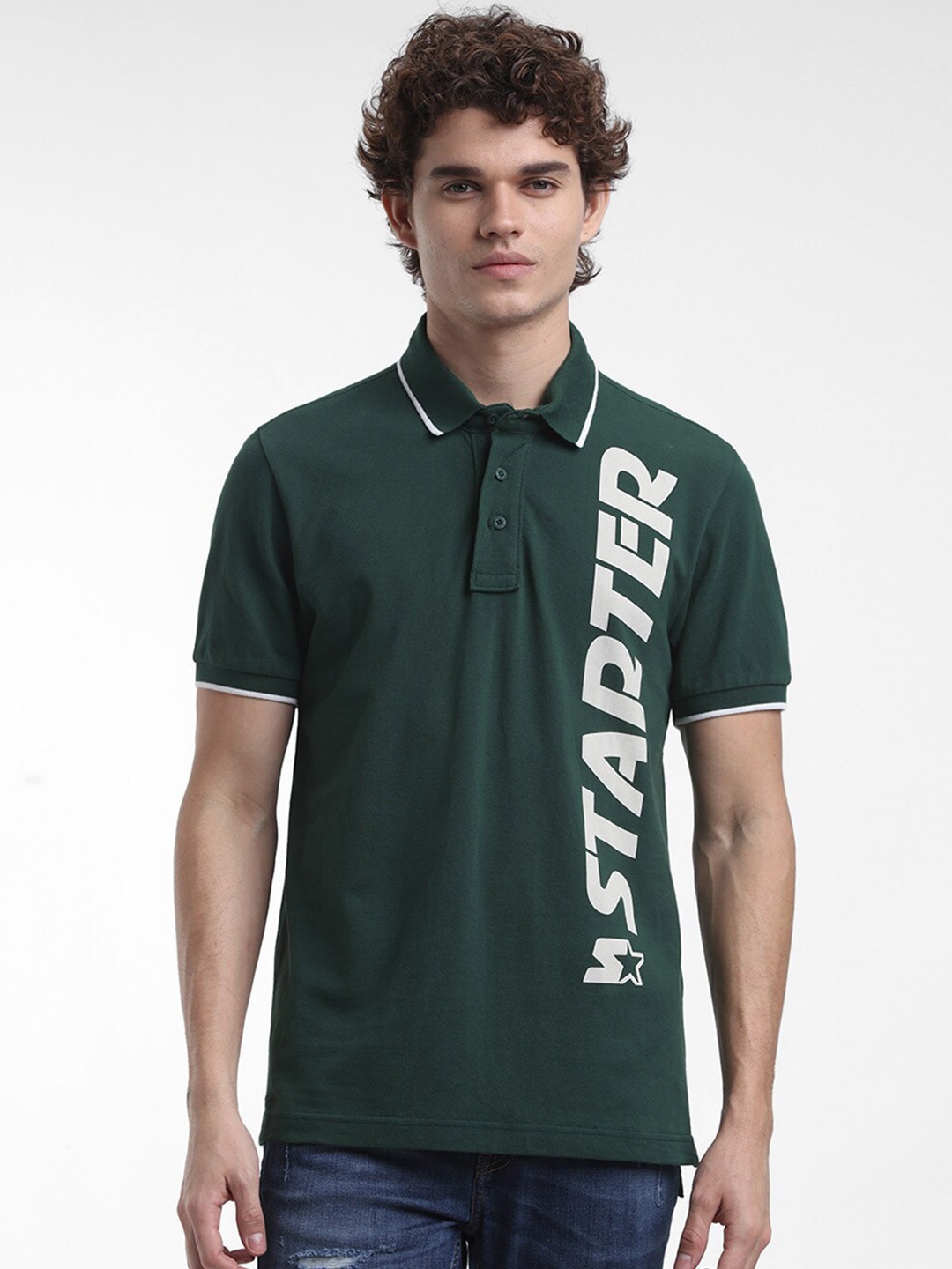 

STARTER Men Green Typography Printed Polo Collar T-shirt
