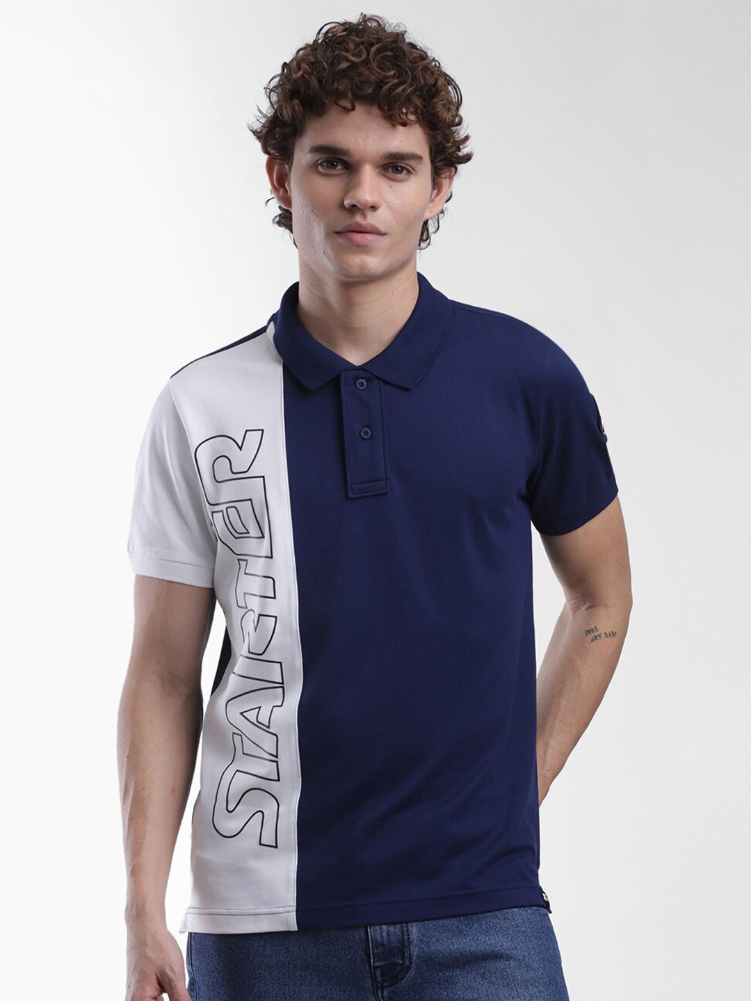 

STARTER Men Blue Typography Colourblocked Polo Collar T-shirt