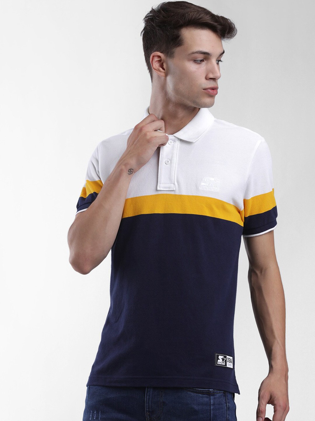 

STARTER Men Navy Blue & White Colourblocked Polo Collar T-shirt