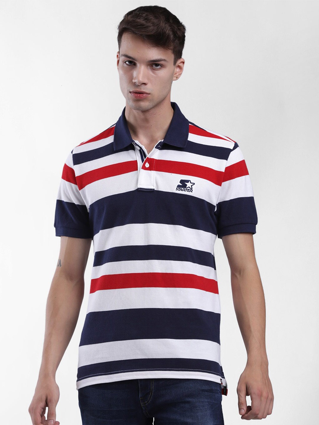 

STARTER Men White & Navy Blue Striped Polo Collar T-shirt