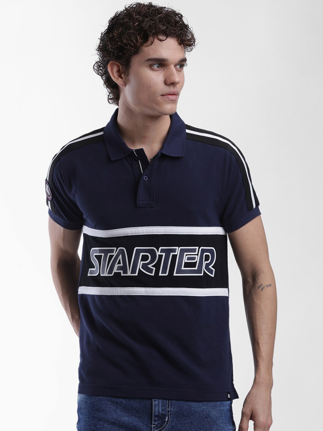 

STARTER Men Blue Typography Printed Polo Collar T-shirt