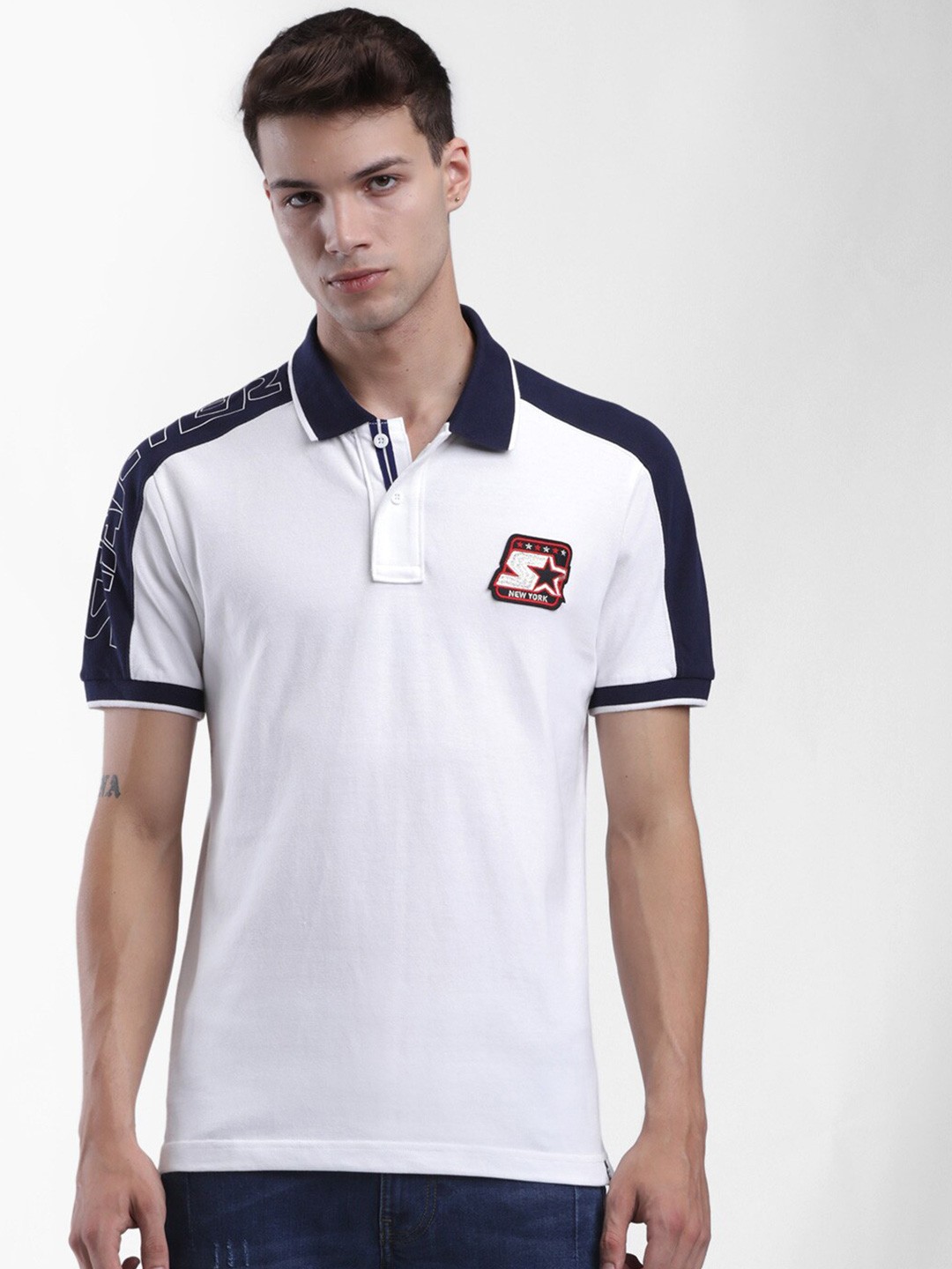 

STARTER Men White Colourblocked Polo Collar T-shirt