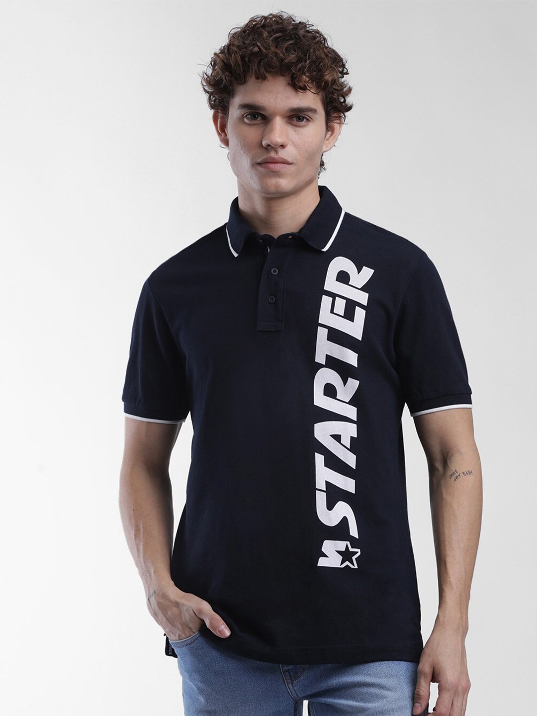 

STARTER Men Blue Typography Printed Polo Collar T-shirt