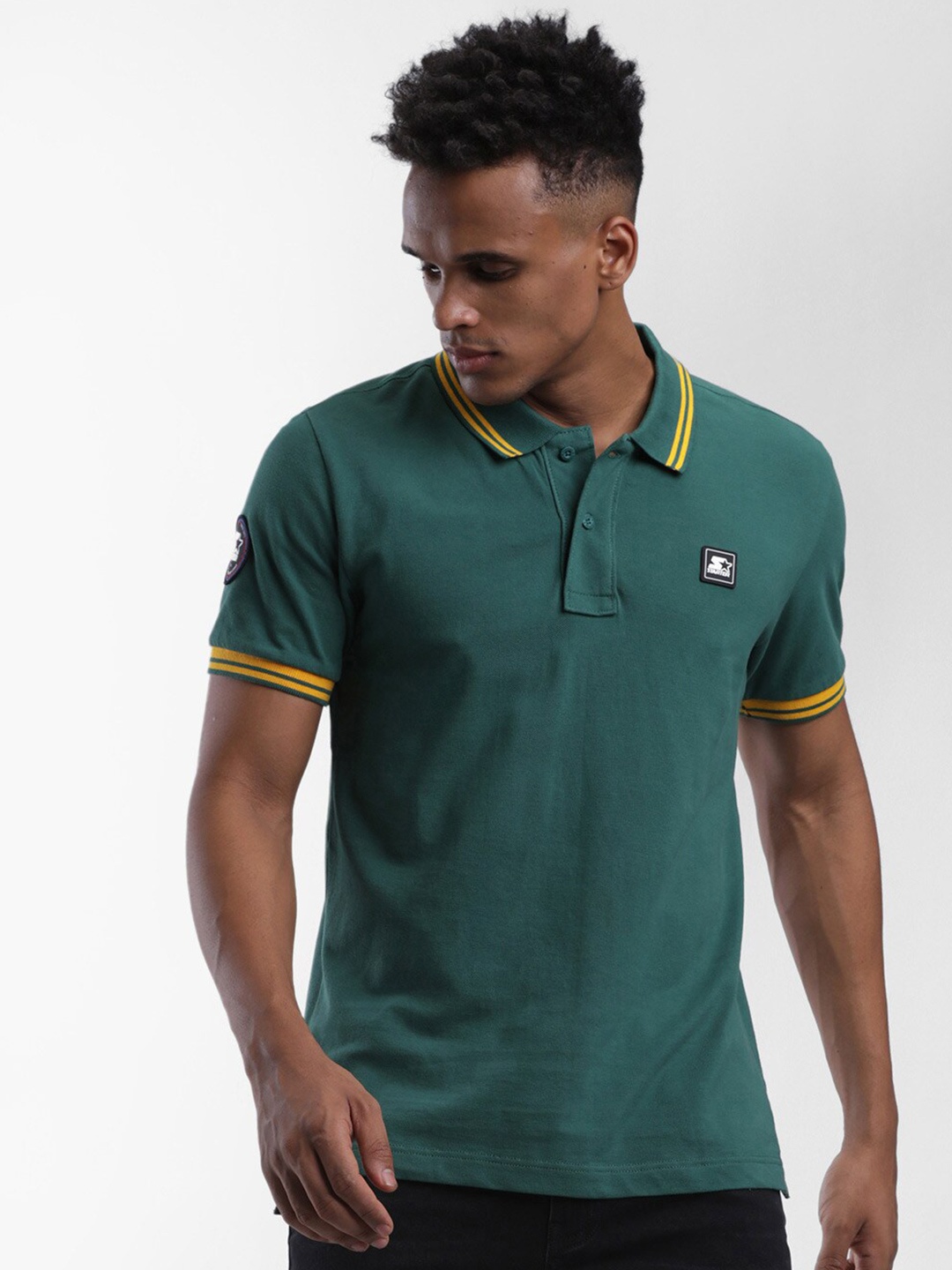 

STARTER Men Green Polo Collar Cotton T-shirt