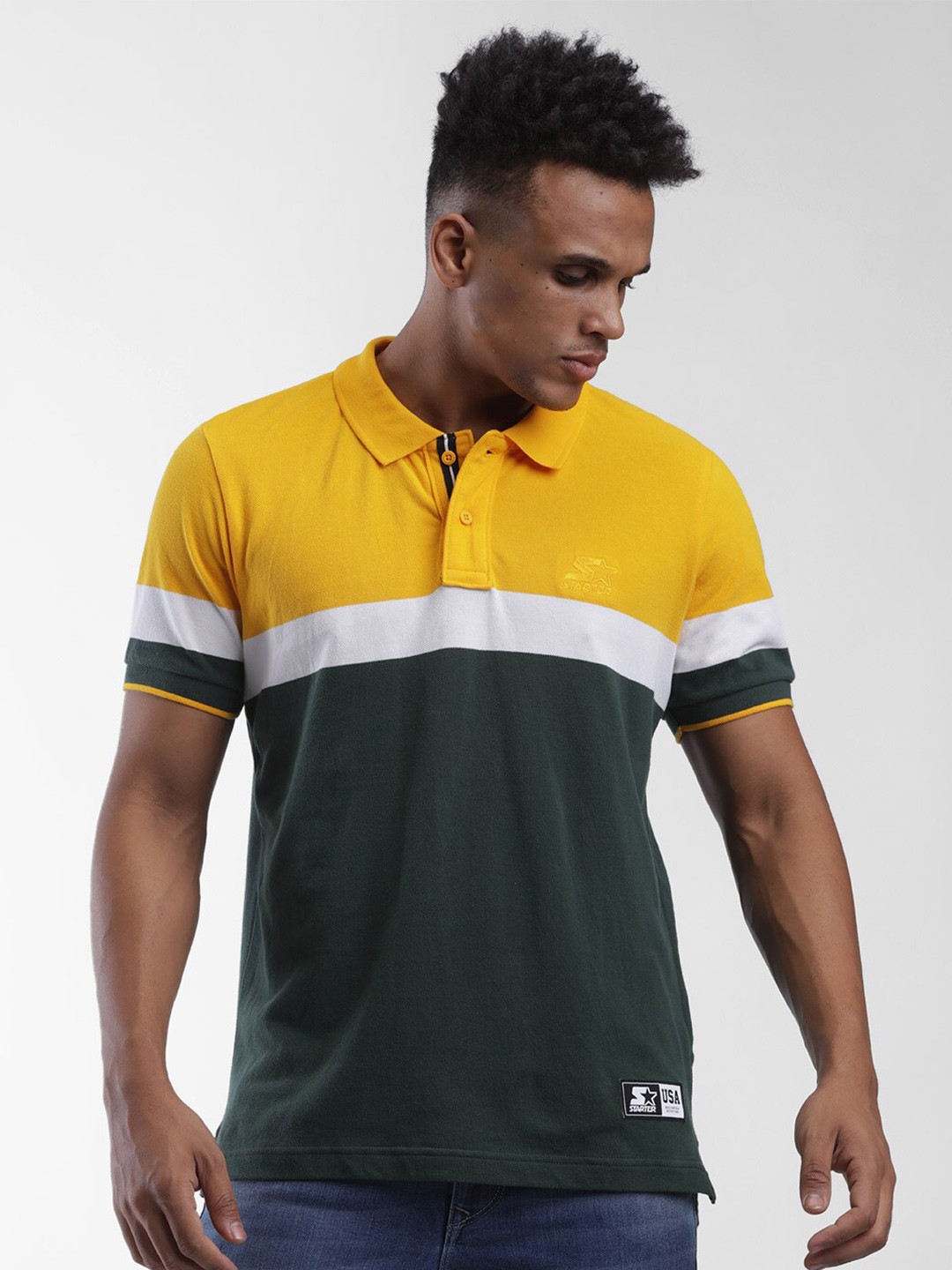 

STARTER Men Olive Green & Yellow Colourblocked Pure Cotton T-shirt