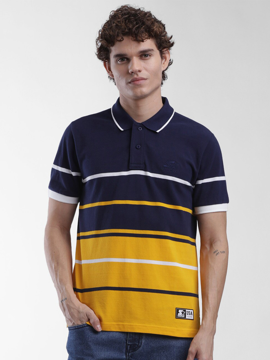 

STARTER Men Navy Blue & Yellow Striped Polo Collar T-shirt