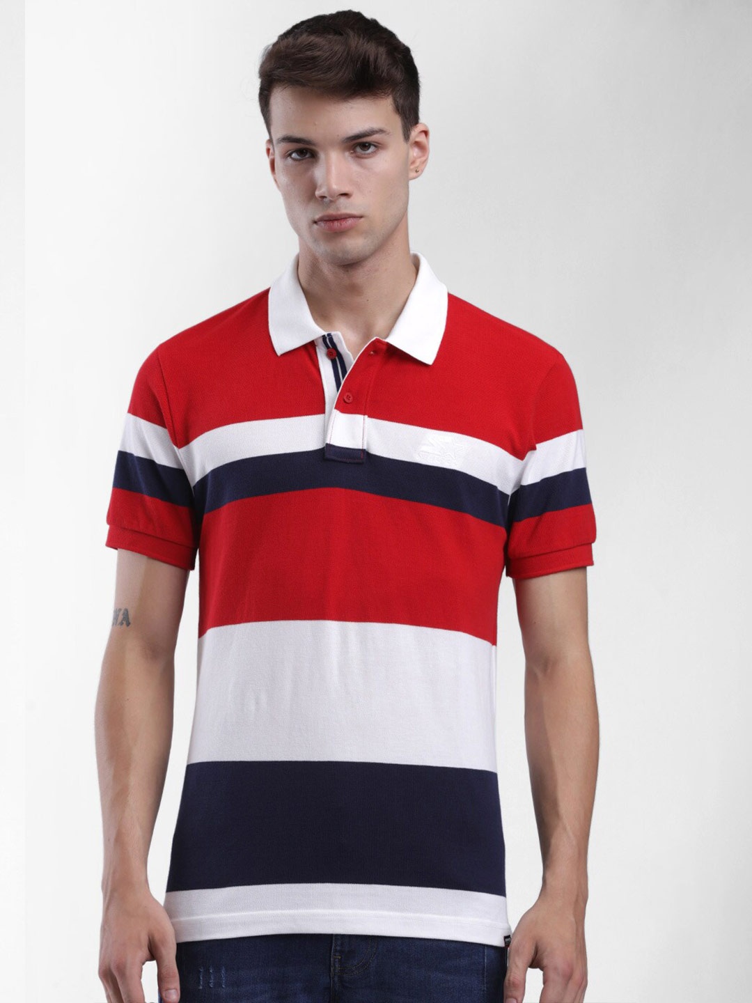

STARTER Men Red Striped Polo Collar T-shirt