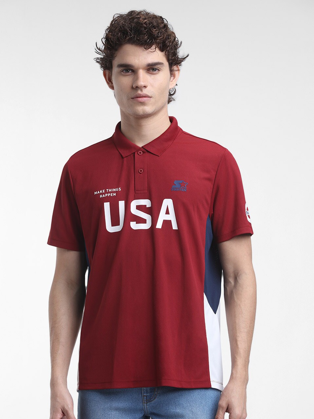 

STARTER Men Red & White Typography Polo Collar T-shirt