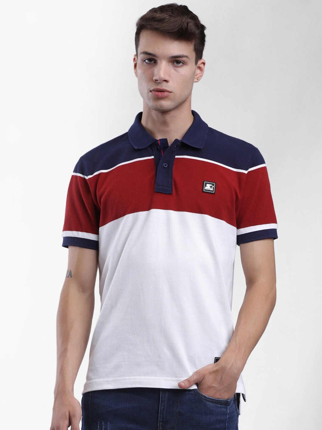

STARTER Men White & Maroon Colourblocked Polo Collar T-shirt