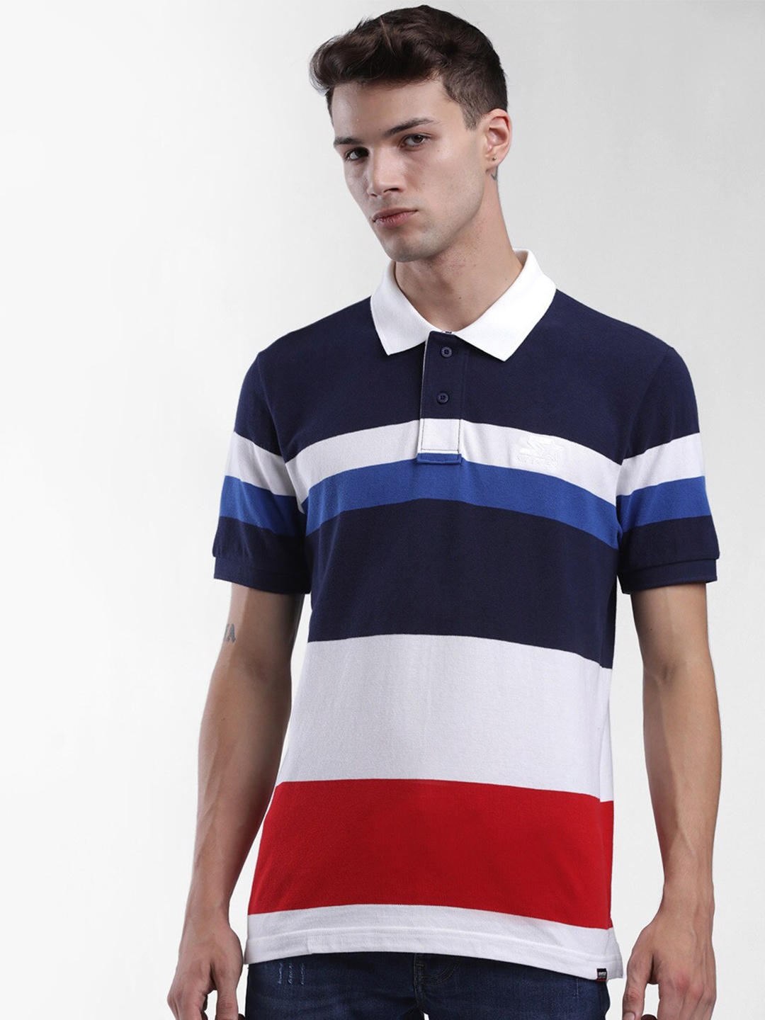 

STARTER Men Navy Blue & White Striped Polo Collar T-shirt