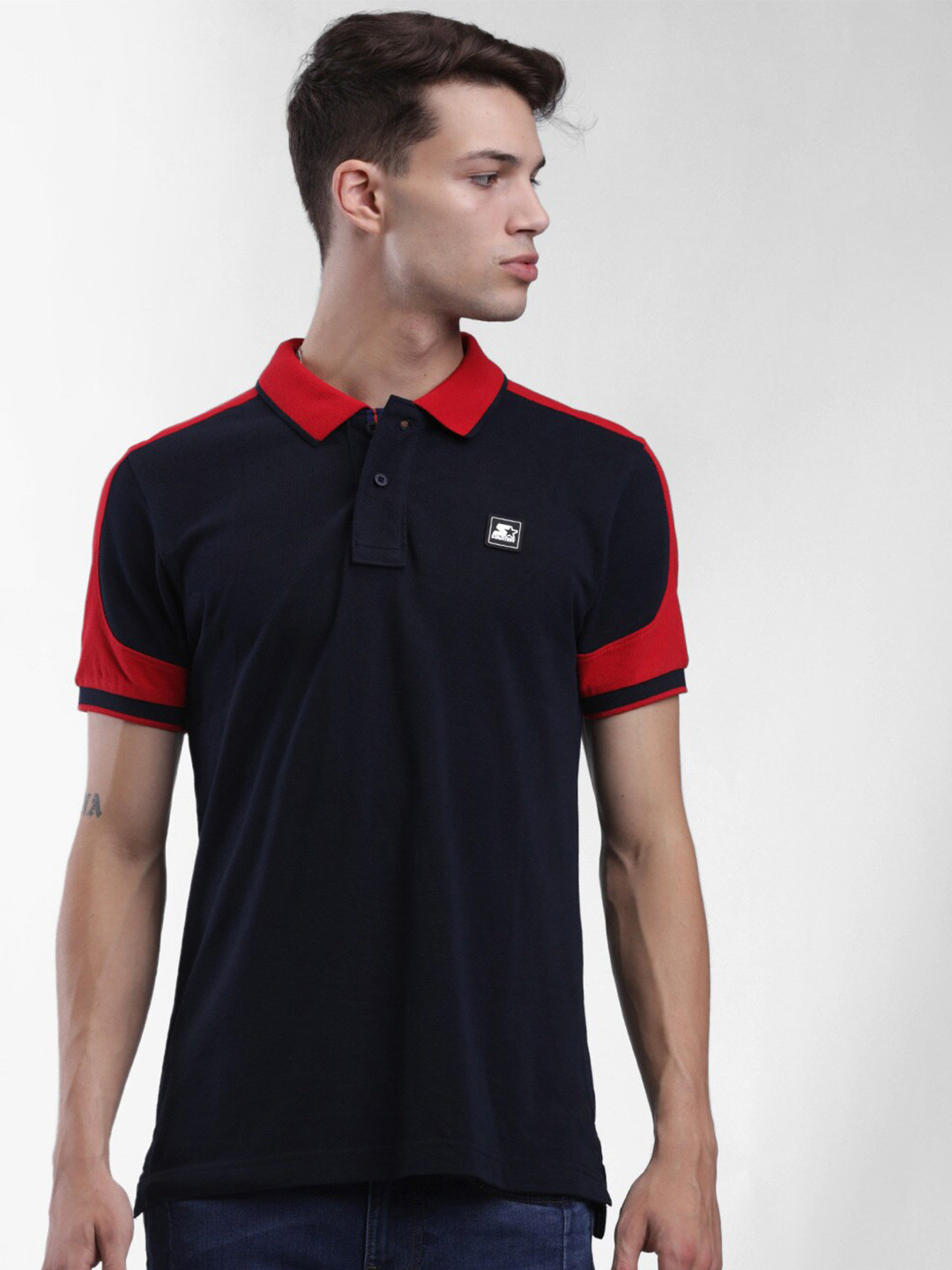 

STARTER Men Navy Blue & Red Colourblocked Cotton Polo Collar T-shirt