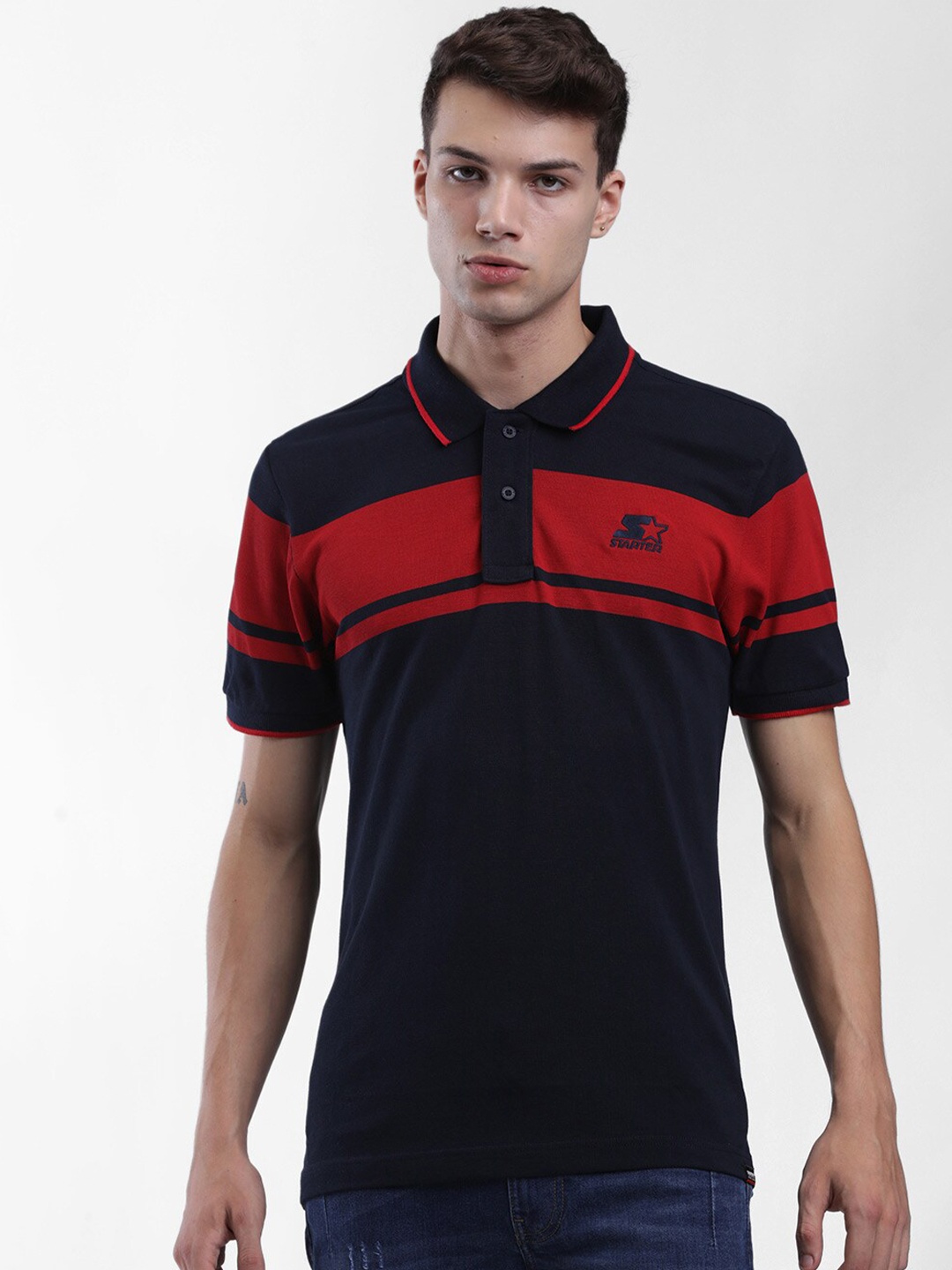 

STARTER Men Blue & Red Striped Polo Collar Cotton T-shirt