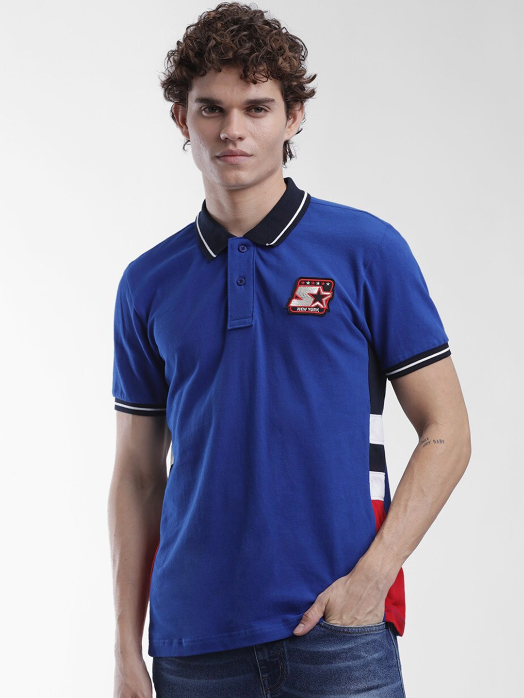 

STARTER Men Blue & Black Colourblocked Polo Collar T-shirt
