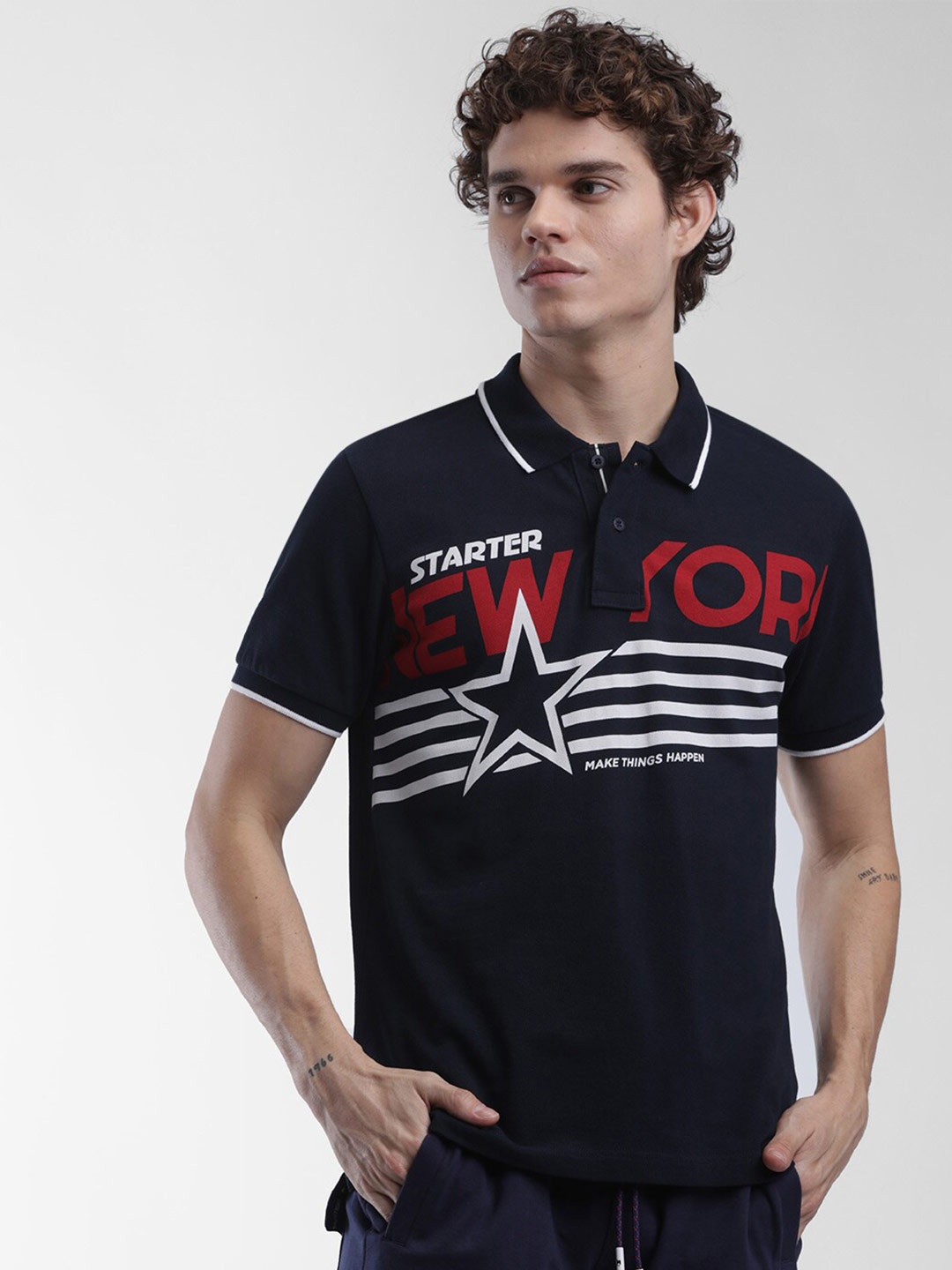 

STARTER Men Navy Blue & White Typography Printed Polo Collar T-shirt