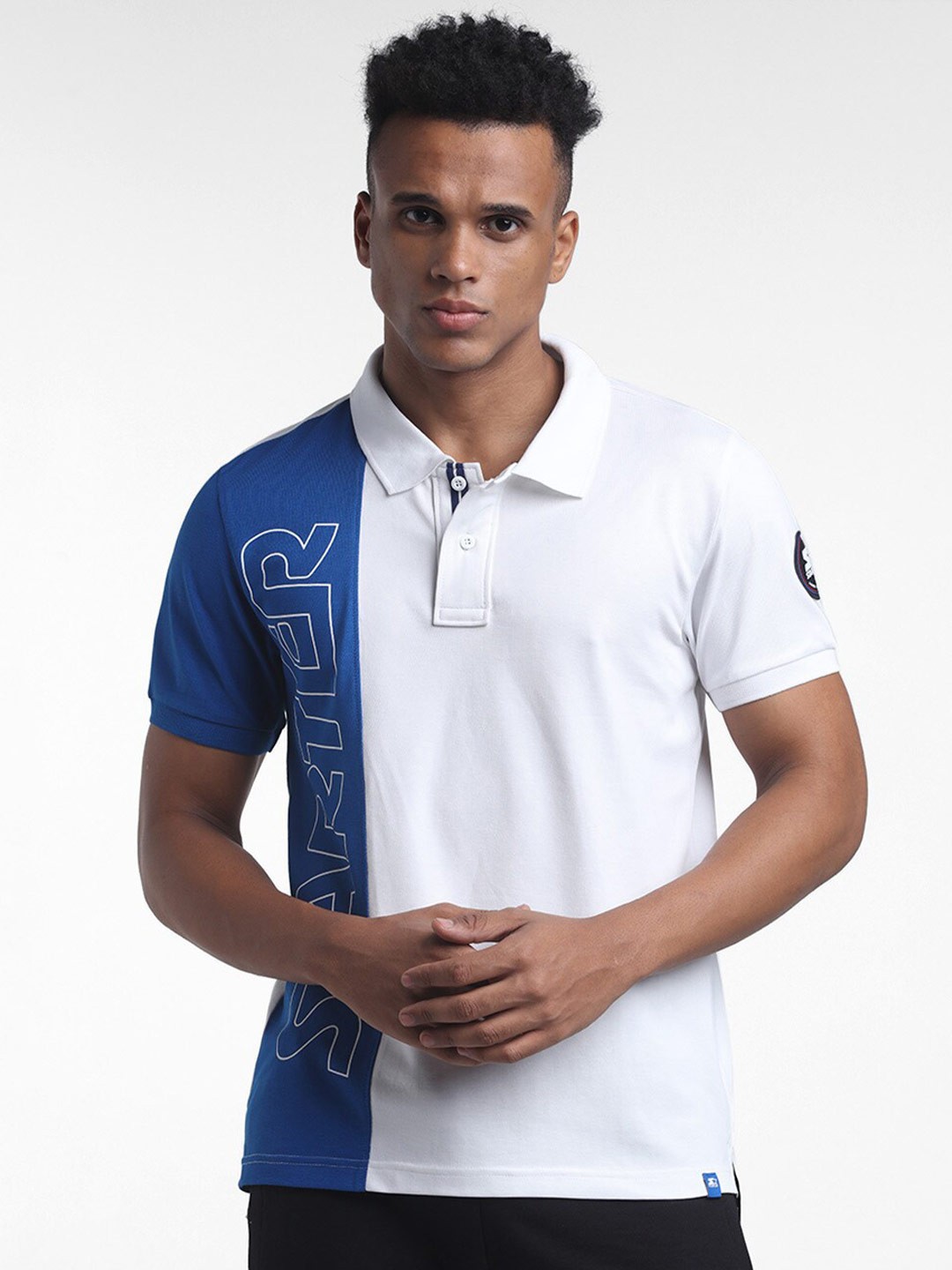 

STARTER Men White & Blue Typography Printed Polo Collar T-shirt