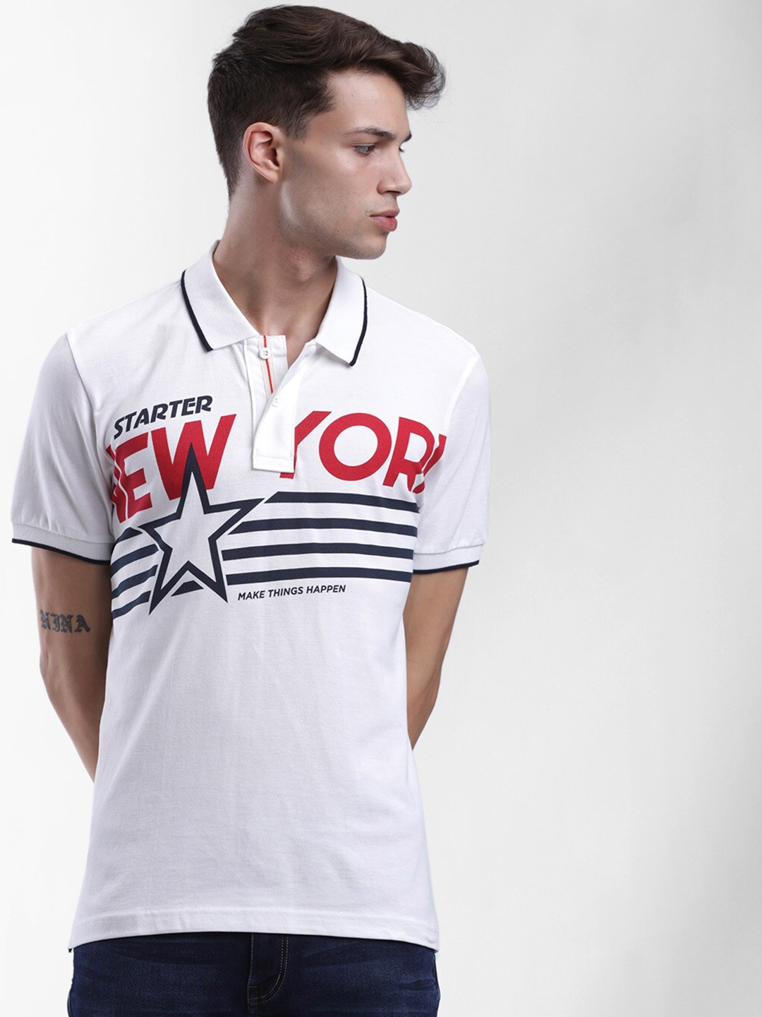 

STARTER Men White Typography Printed Polo Collar T-shirt