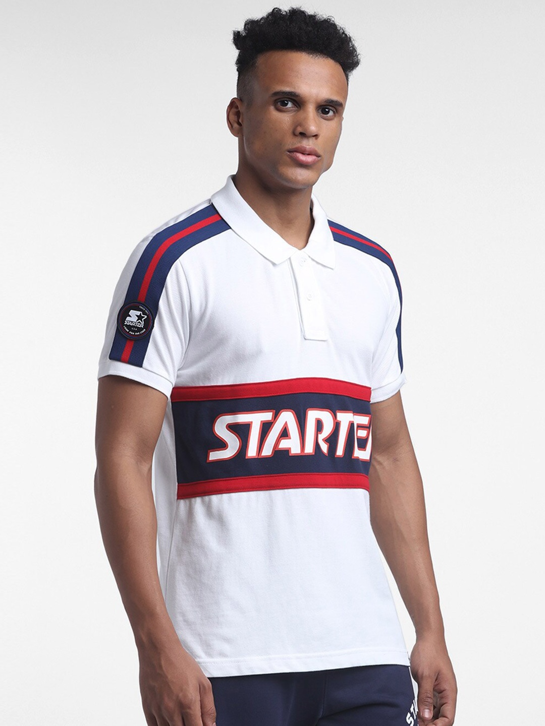 

STARTER Men White Typography Colourblocked Polo Collar Cotton T-shirt