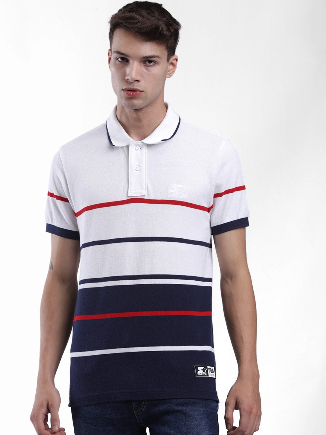 

STARTER Men White & Navy Blue Striped Polo Collar T-shirt