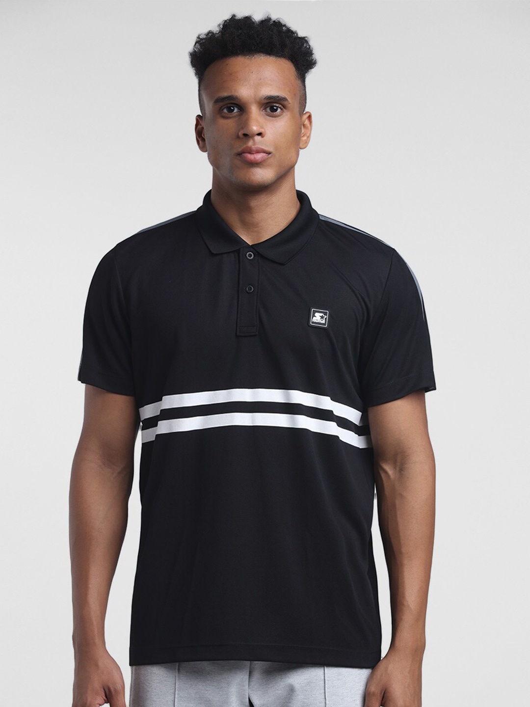 

STARTER Men Black Striped Polo Collar T-shirt