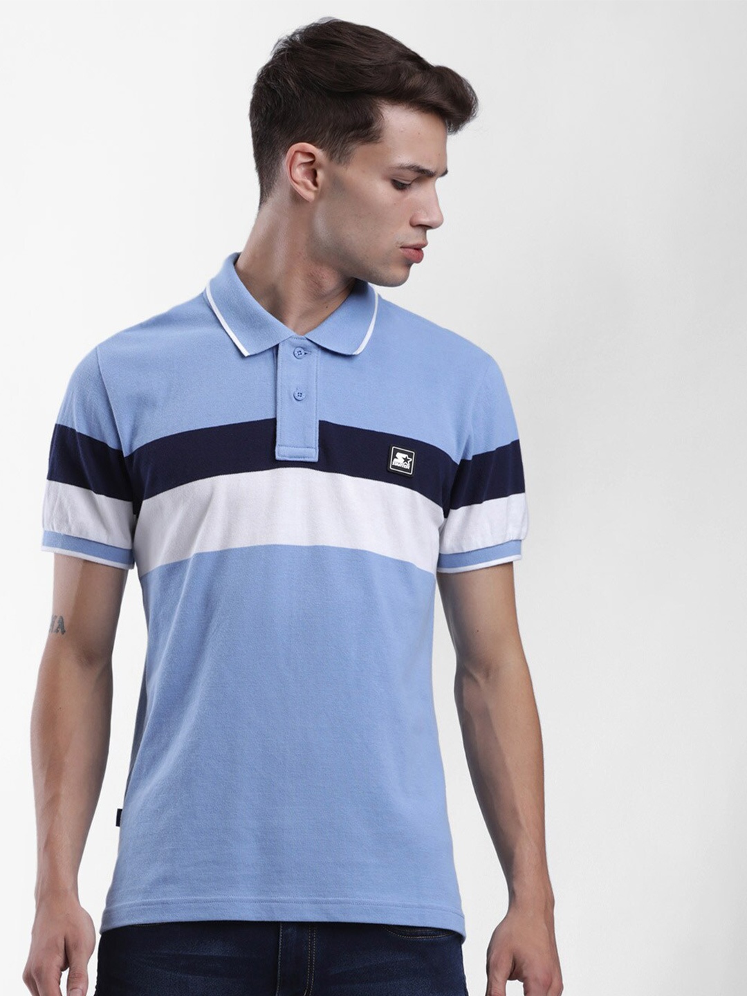

STARTER Men Blue & White Colourblocked Polo Collar T-shirt