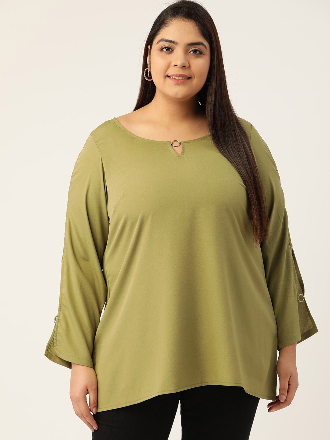 

theRebelinme Women Plus Size Olive Green Keyhole Neck Crepe Top