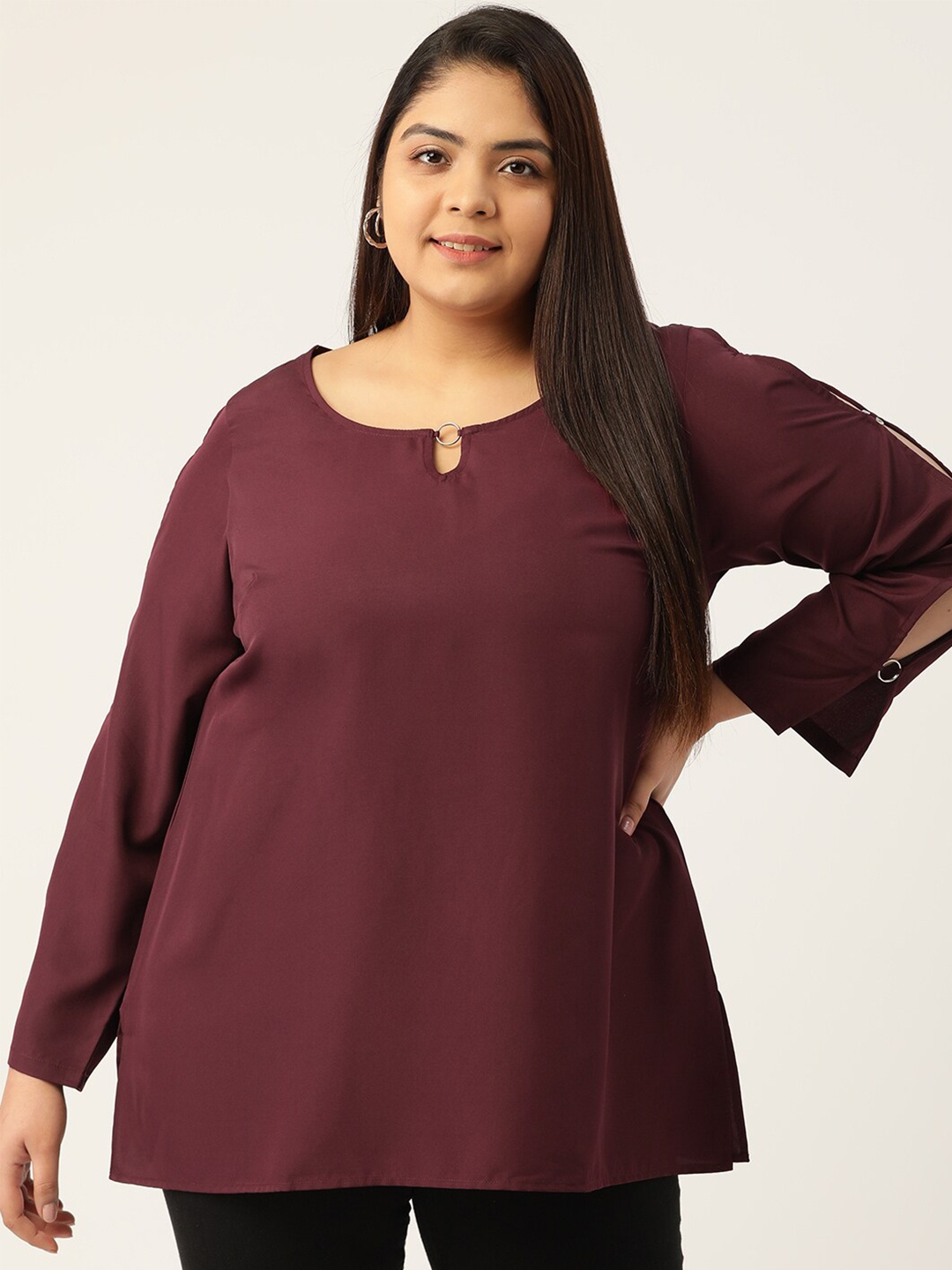 

theRebelinme Women Plus Size Burgundy Keyhole Neck Crepe Top