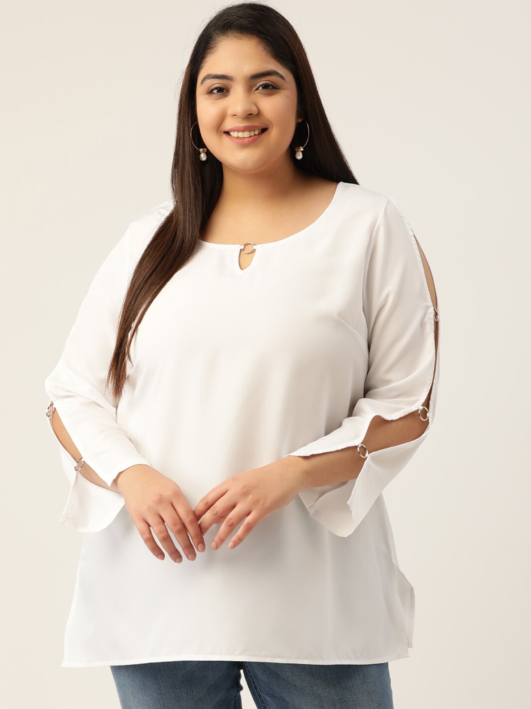 

theRebelinme Women White Plus Size Keyhole Neck Crepe Top