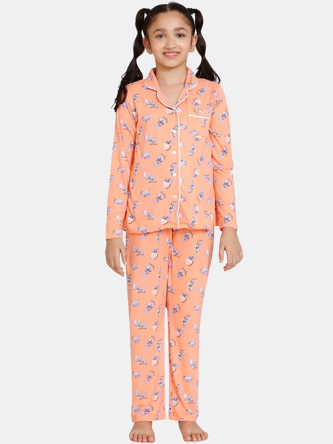 

Zivame Girls Peach & Purple Printed Night suit