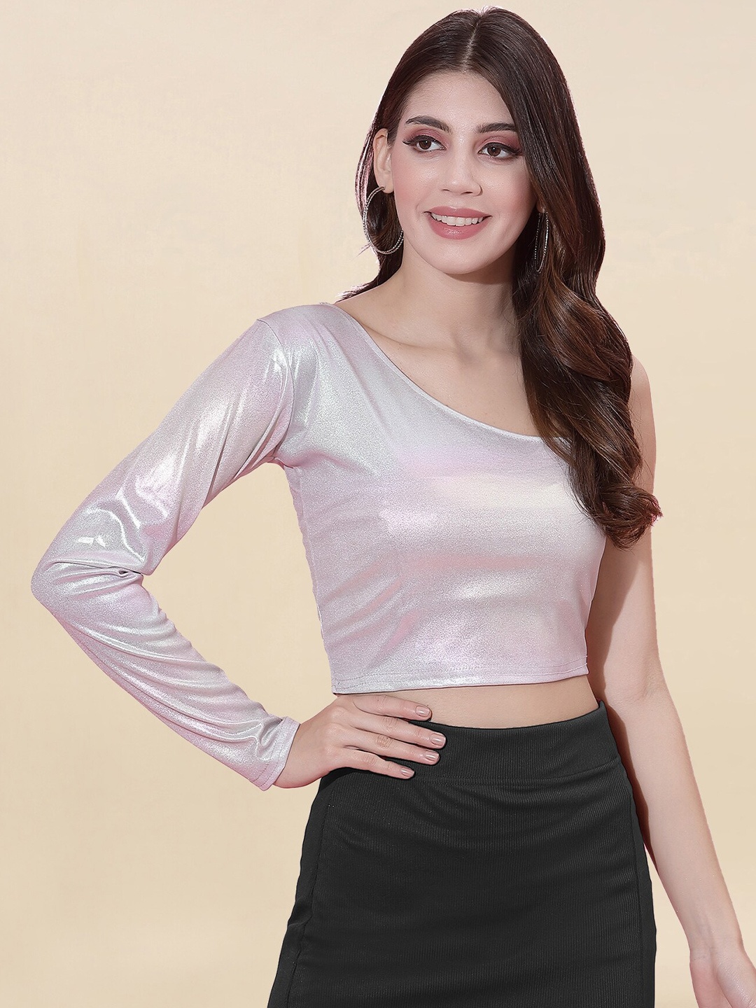 

Selvia Women Silver One Shoulder Scuba Crop Top