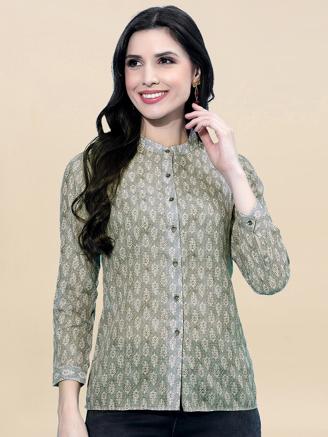 

Selvia Women Green Semi Sheer Printed Casual Shirt