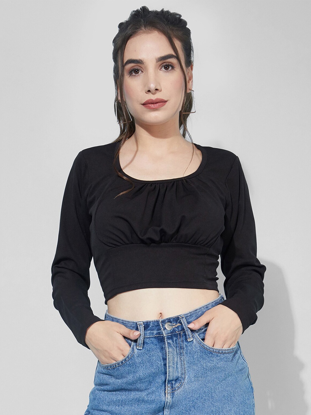 

Selvia Women Black Scuba Blouson Crop Top