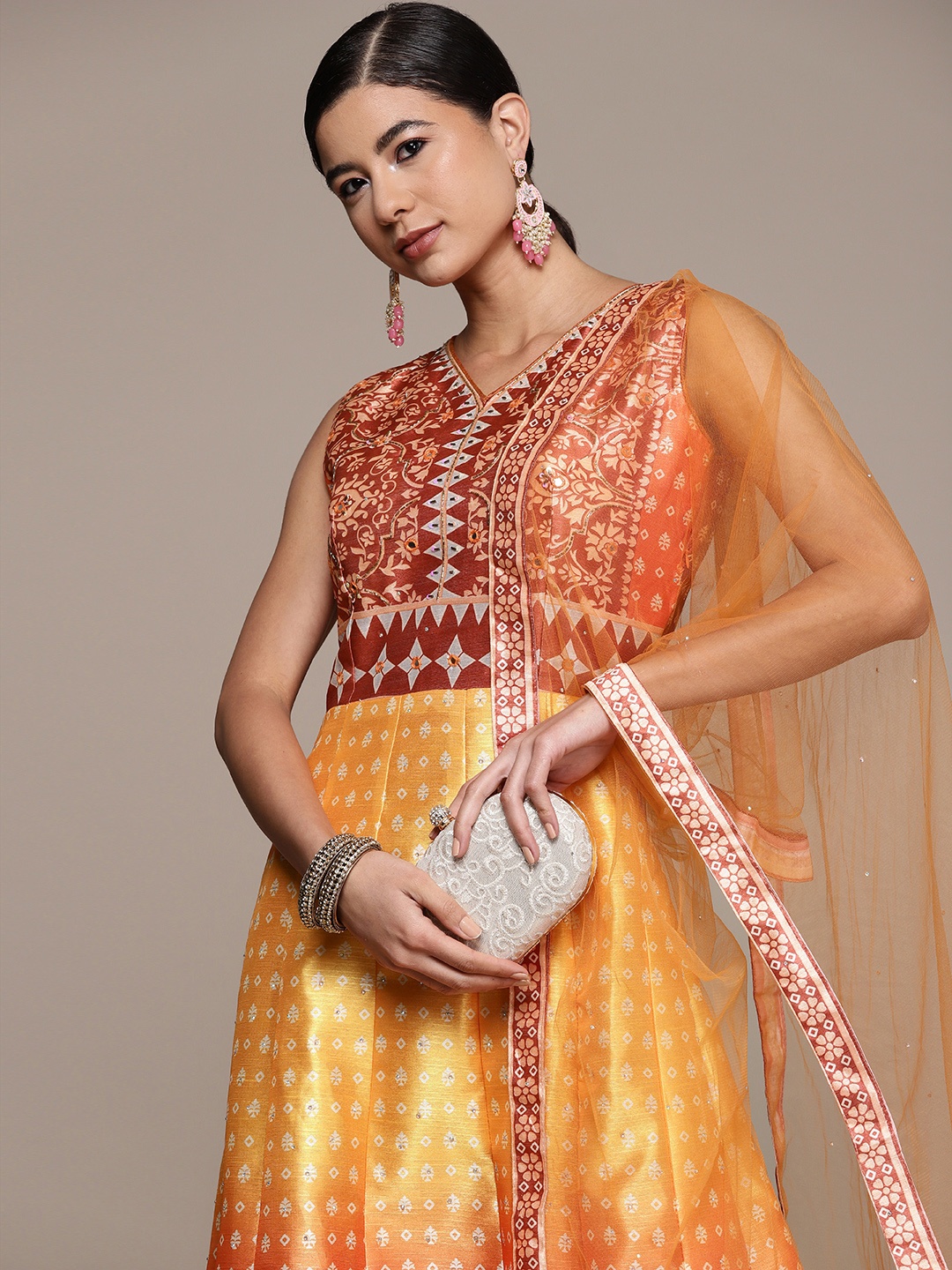 

SAARYA Woman Ethnic Motifs Ethnic Maxi Dress With Dupatta, Yellow