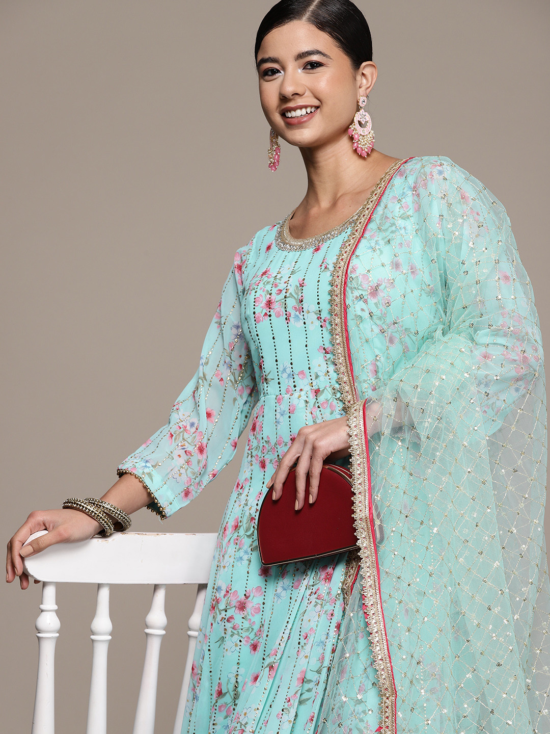 

SAARYA Woman Floral Georgette Ethnic Maxi Dress, Turquoise blue