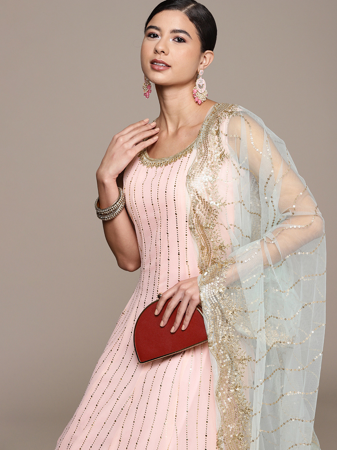 

SAARYA Woman Ethnic Motifs Georgette Ethnic Maxi Dress, Pink