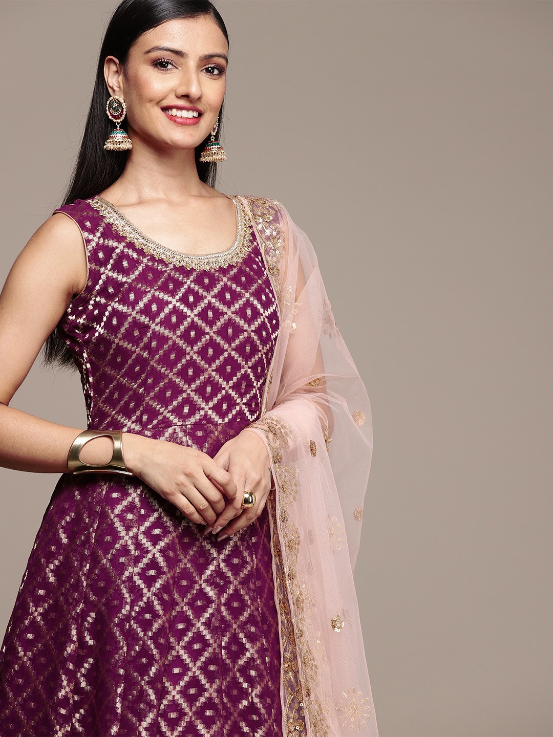 

SAARYA Woman Ethnic Motifs Georgette Ethnic Maxi Dress With Dupatta, Purple