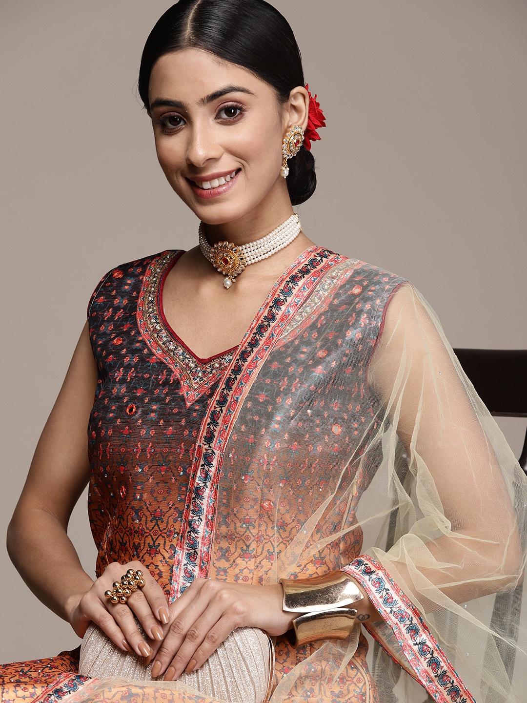 

SAARYA Ethnic Motifs Mirror Work V-Neck Maxi Gown with Dupatta, Multi