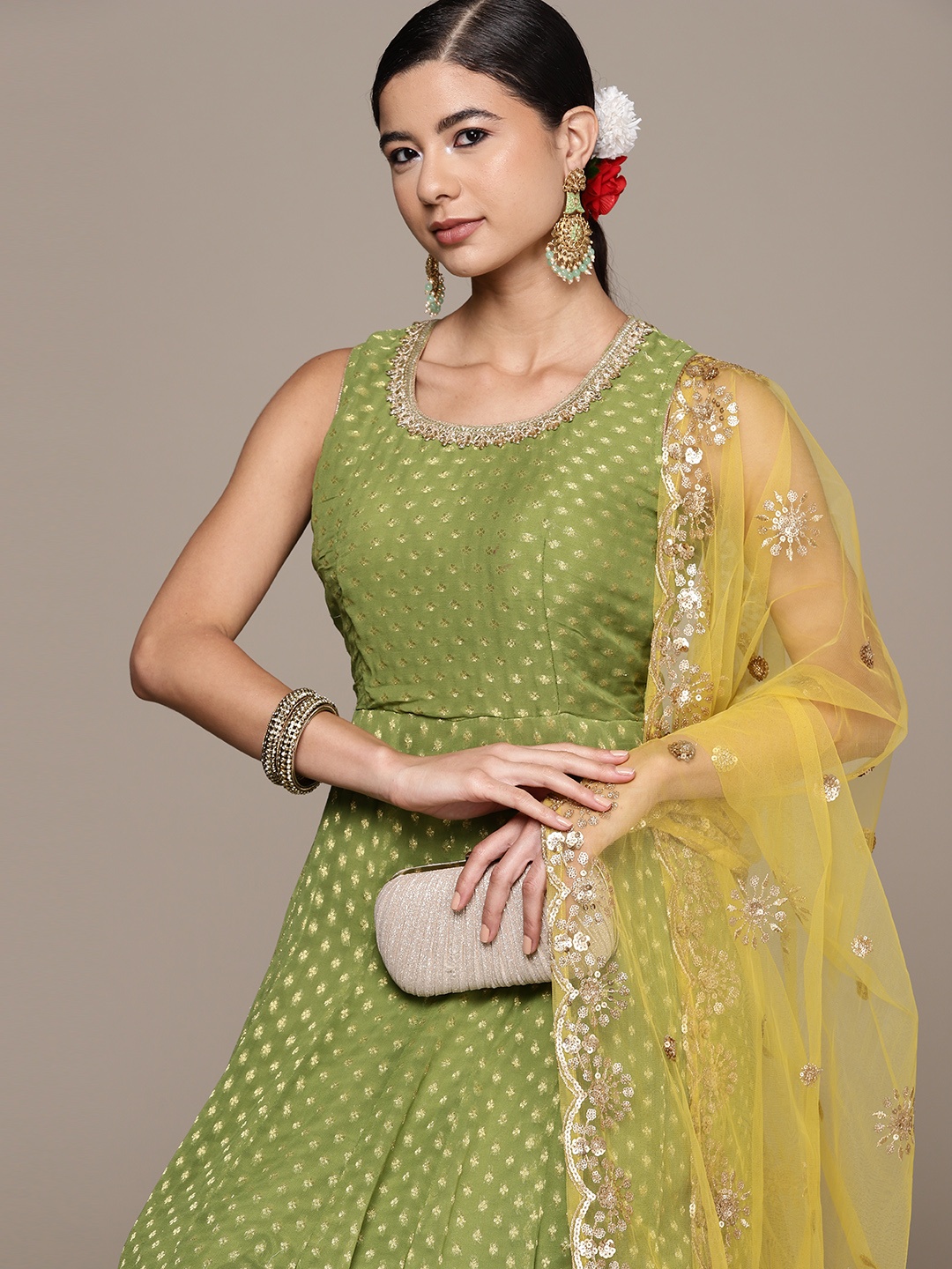 

SAARYA Woman Georgette Ethnic Maxi Dress With Dupatta, Green