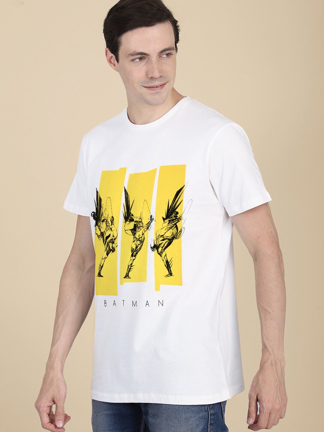 

Free Authority Men White & Yellow Batman Printed Pure Cotton T-shirt