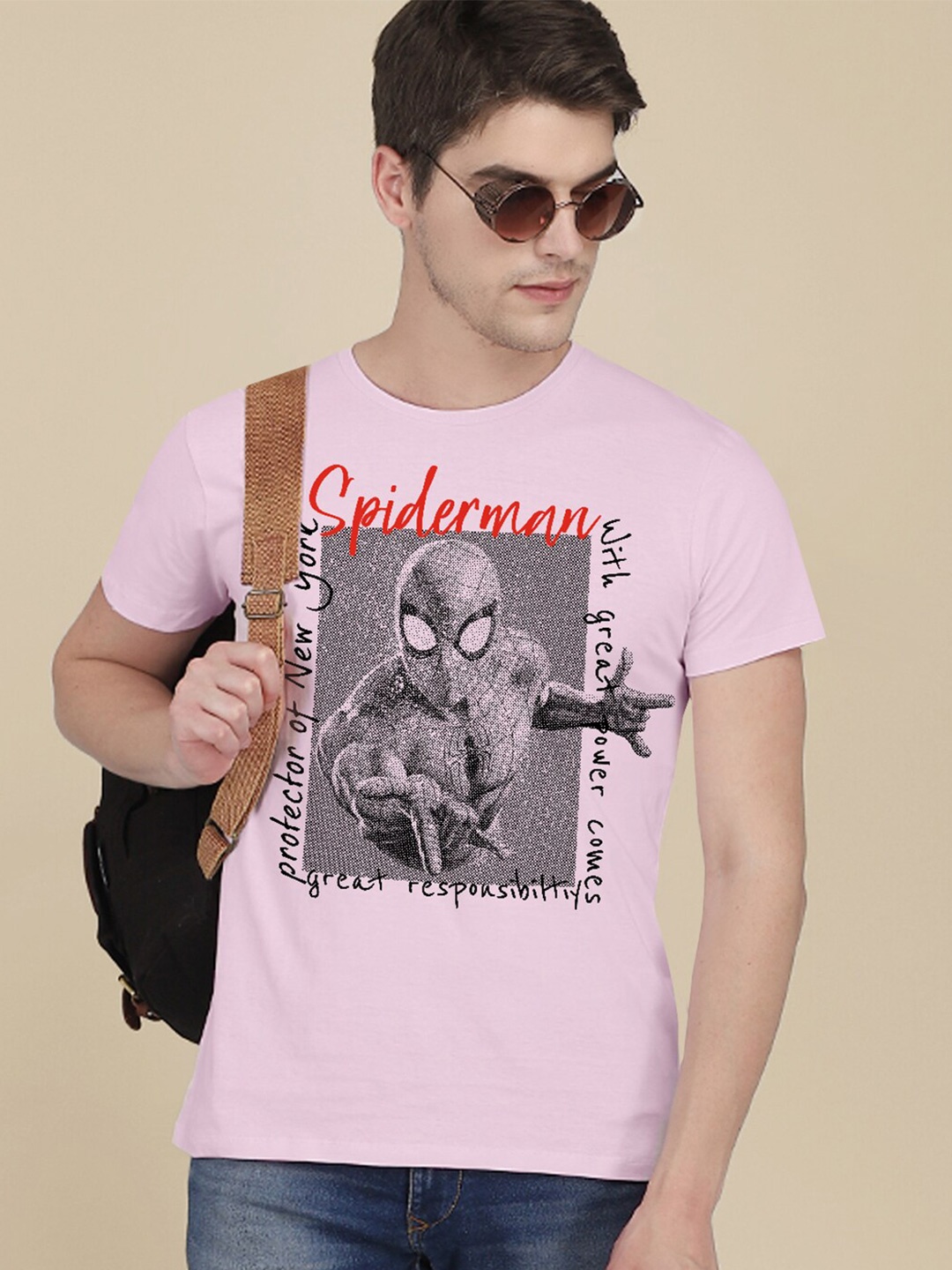 

Free Authority Men Pink Spider-Man Printed Cotton T-shirt