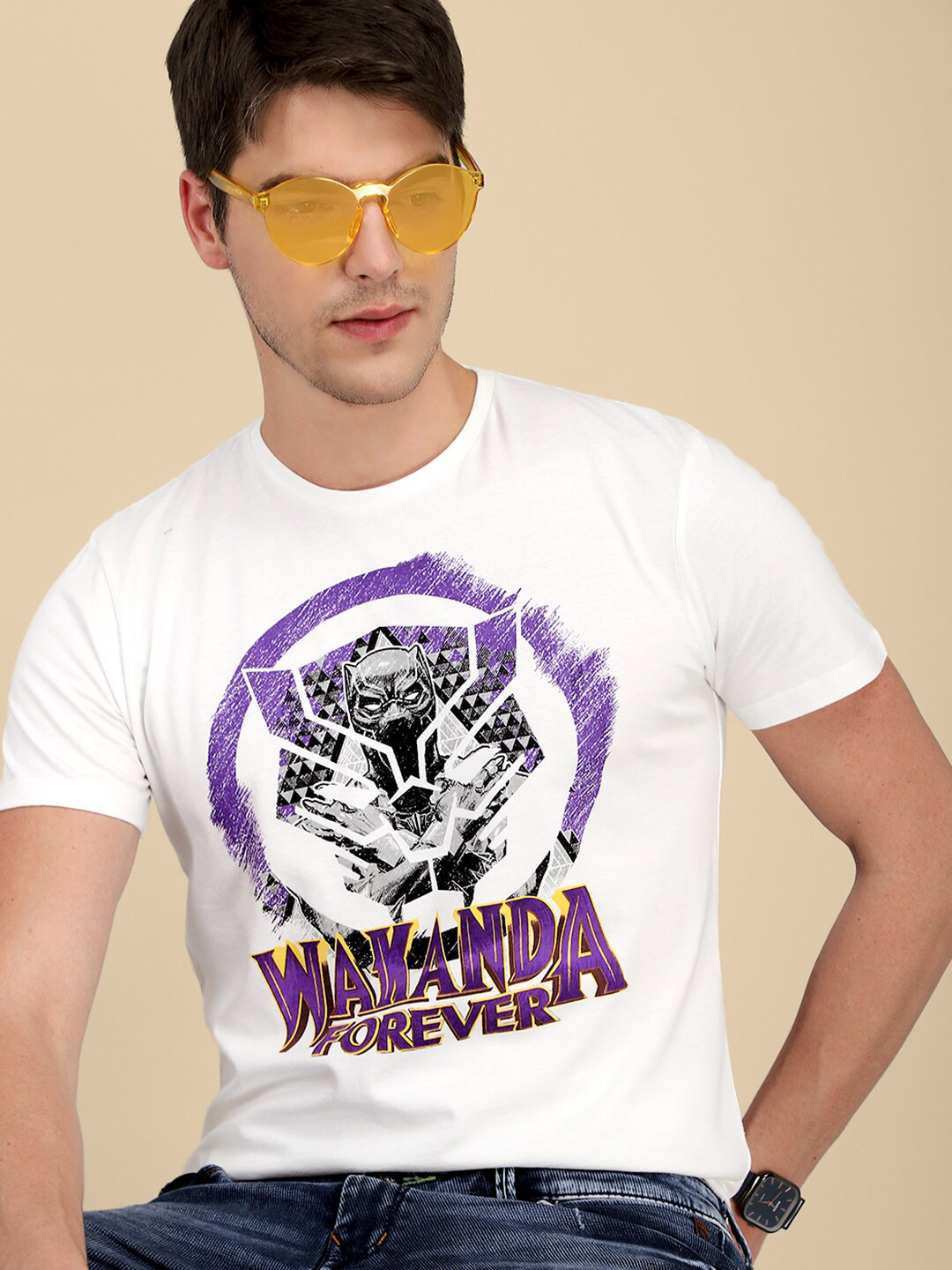 

Free Authority Men White Black Panther Printed Cotton T-shirt