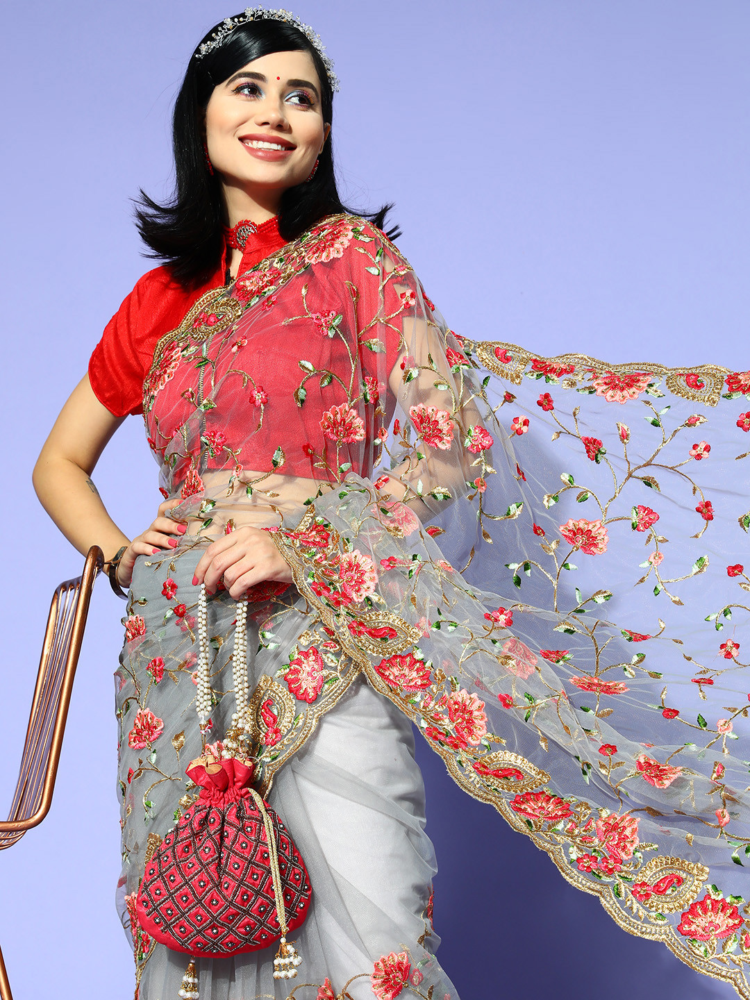 

Tikhi Imli Floral Saree with Printed border, Grey