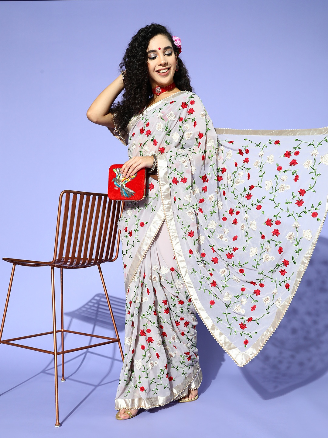 

Tikhi Imli Floral Saree with Printed border, Grey