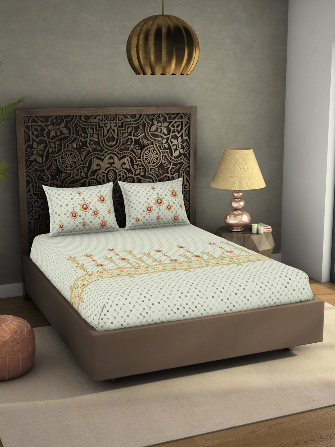 

SPACES Cream-Coloured & Pink Ethnic Motifs 300 TC King Bedsheet with 2 Pillow Covers