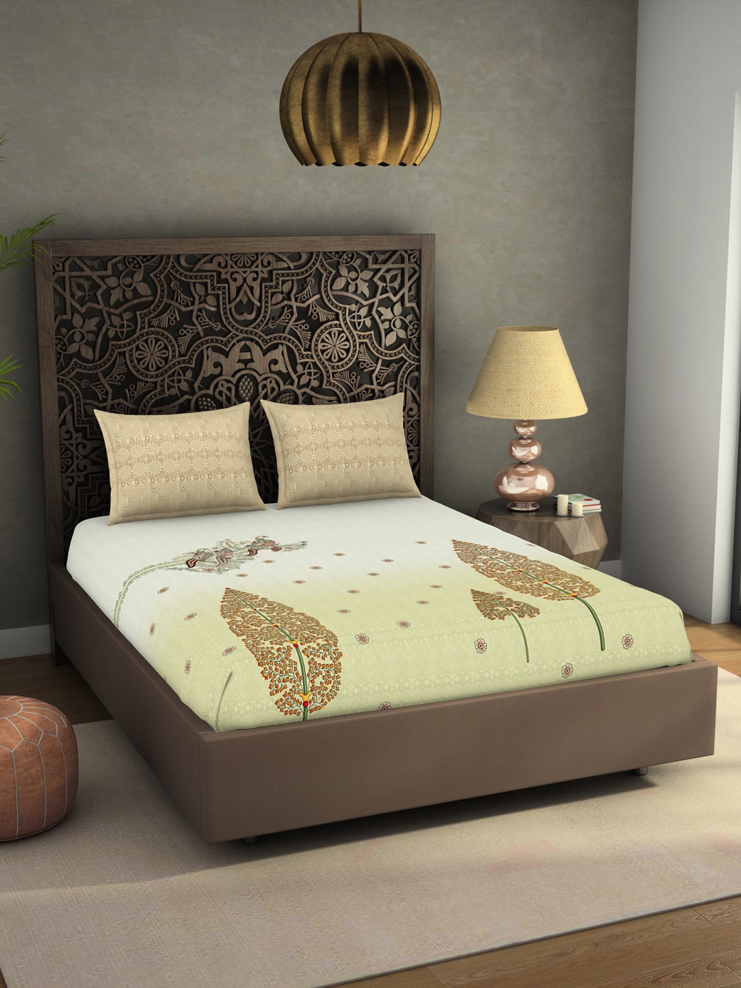 

SPACES Beige Ethnic Motifs 300 TC King Bedsheet with 2 Pillow Covers