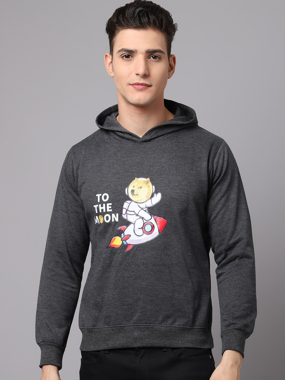 

Obaan Men Charcoal Printed Hooded Sweatshirt
