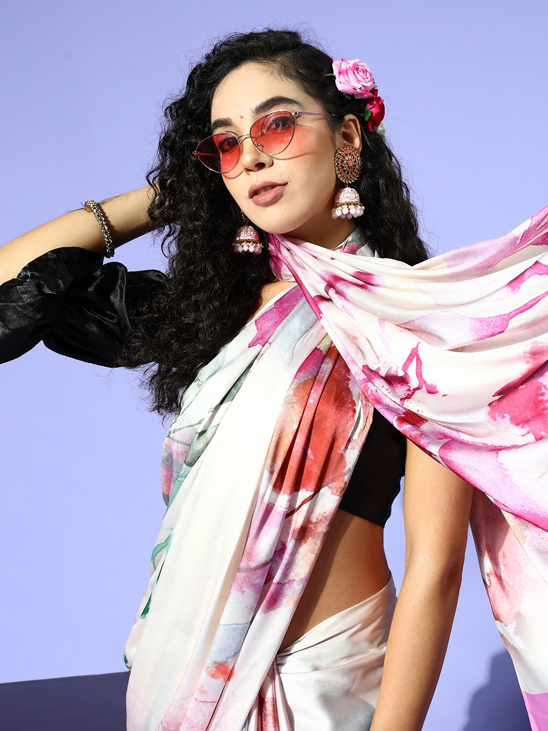 

Tikhi Imli Floral Satin Saree, White