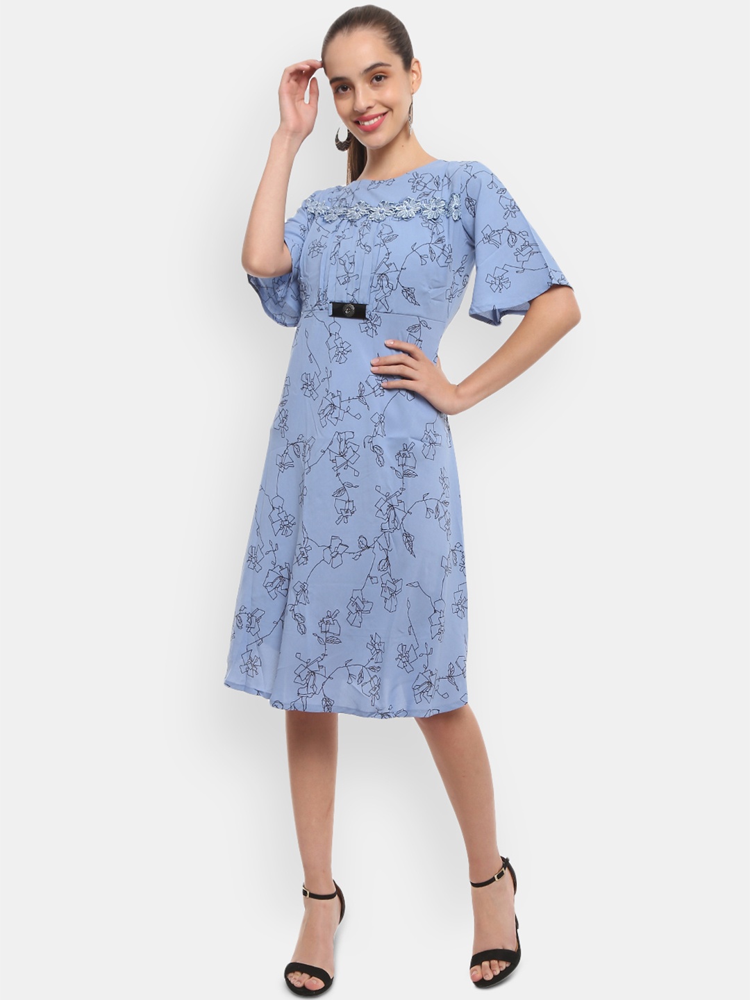 

V-Mart Women Blue Abstract Print Lace Detail Dress